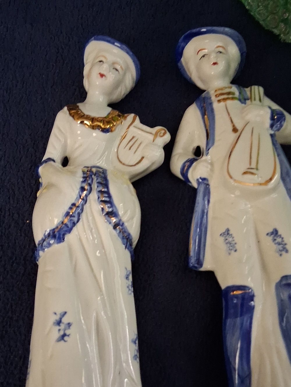 Porcelain Figurine Couple in White and Blue with Gold Trim